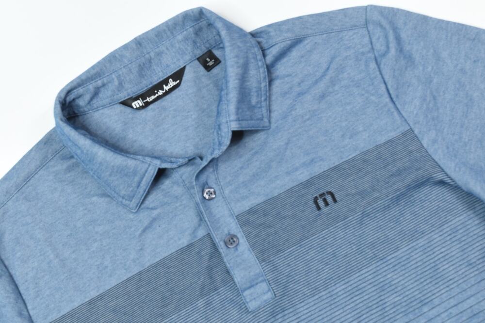 Travis Mathew Polo Shirt Mens Small Blue Striped Short Sleeve Stretch Golf